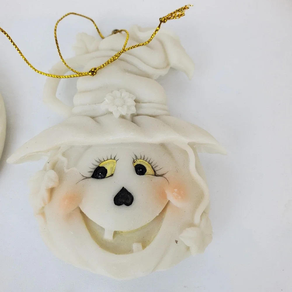 4 Vintage Witch Scarecrow Pumpkin Ceramic Resin Halloween Ornaments Off White